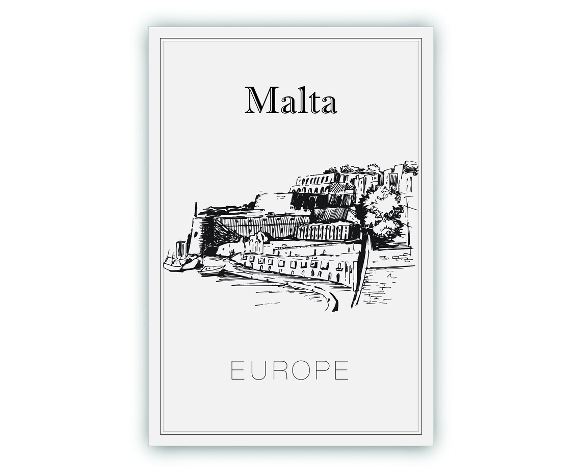 Malta Europe Fortified Waterfront Bastions Harbor Sketch Travel Poster - Image 2