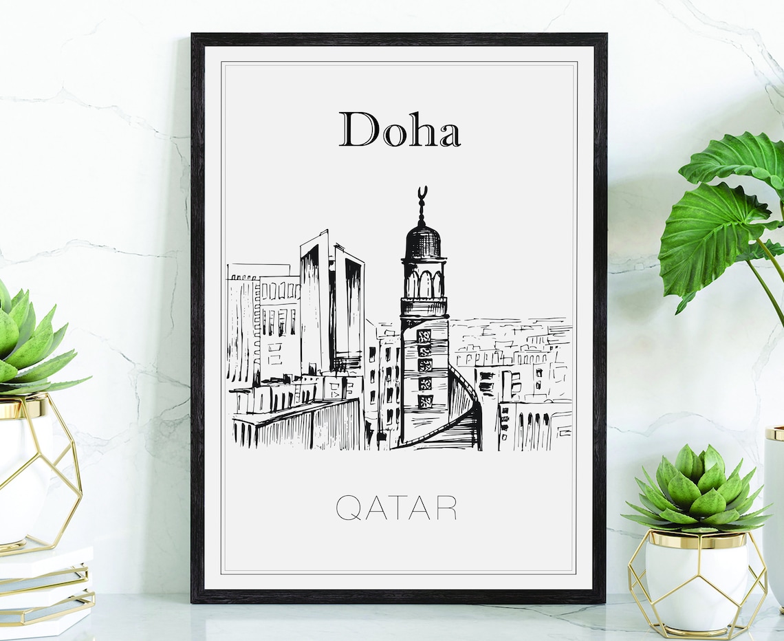 Doha Qatar Hand Drawn Skyline Sketch Minaret City Travel Poster