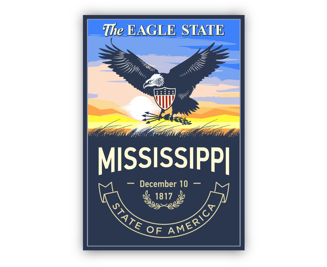 Mississippi Eagle State Bald Eagle Sunset Retro Emblem Travel Poster - Image 2