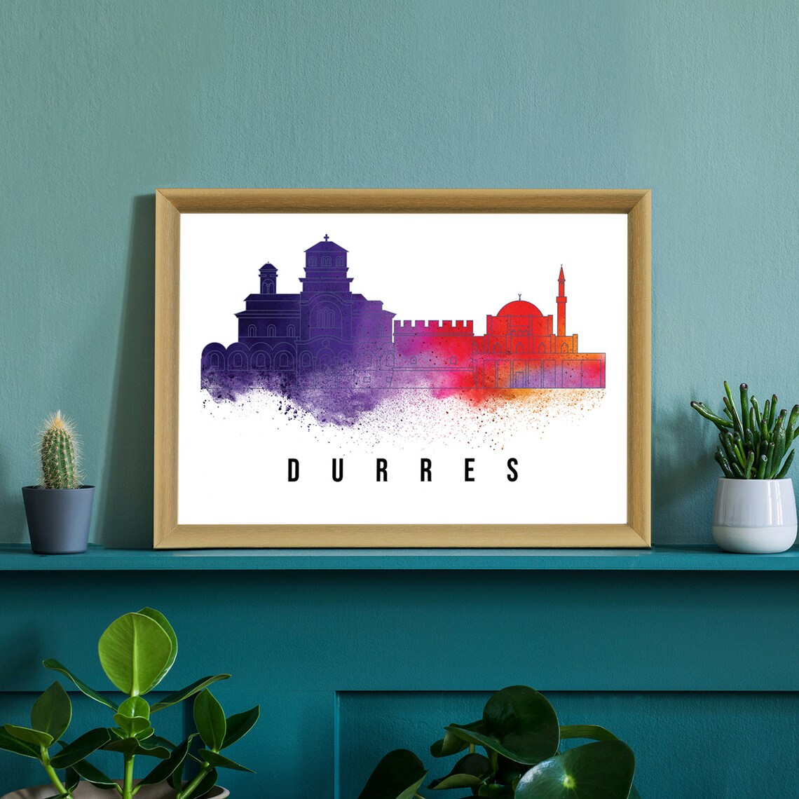 Durres Albania Purple Red Watercolor Skyline Fortress Mosque Print - Image 2
