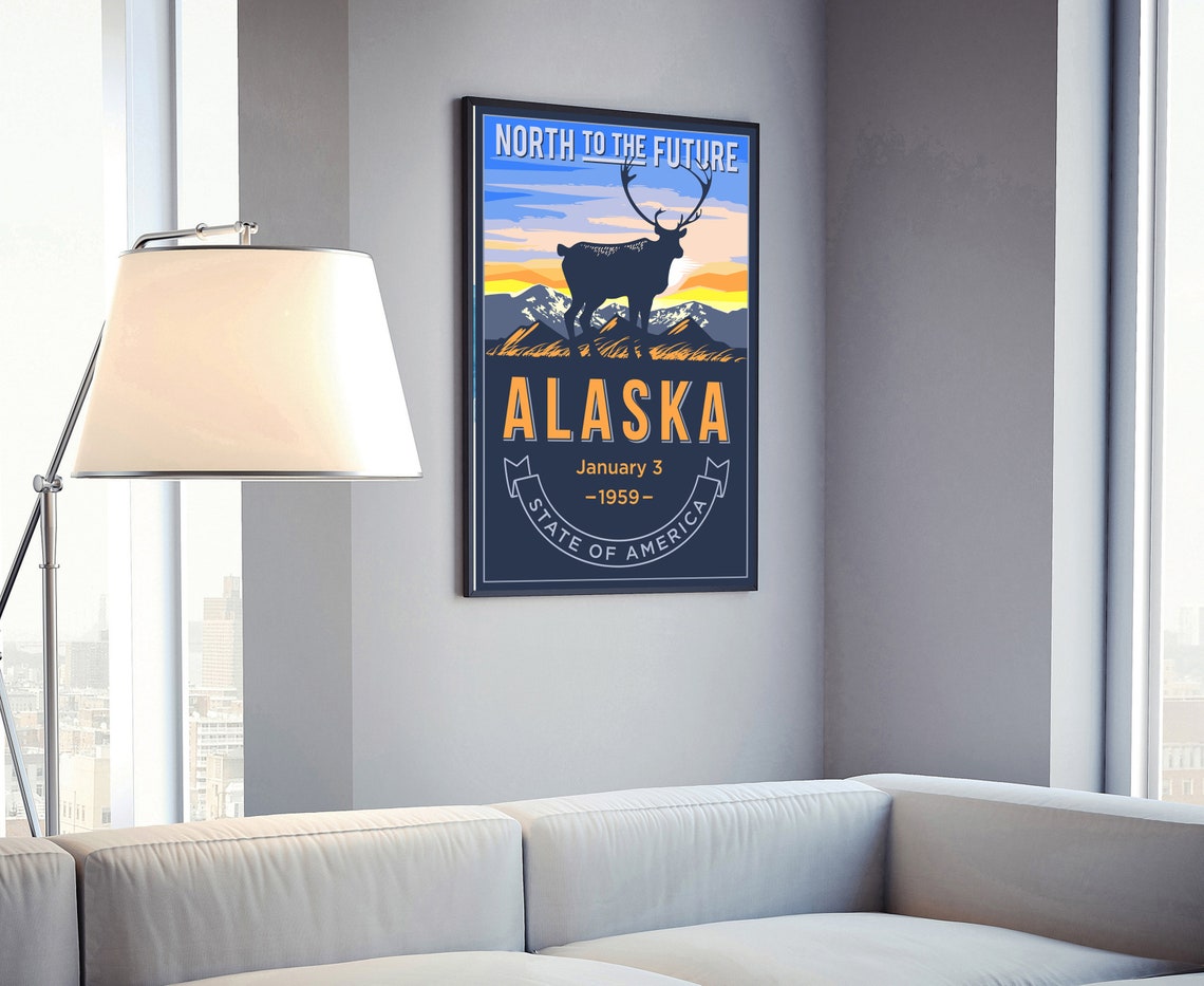 Alaska North to the Future Caribou Mountain Sunset Retro Poster - Image 4
