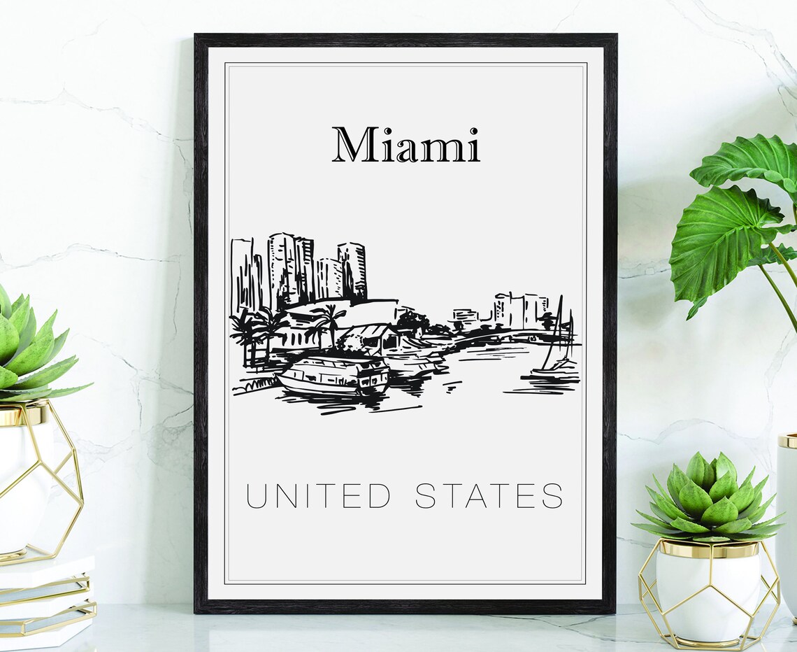 Miami Florida Waterfront Boats Skyline Hand Drawn Line Art Poster