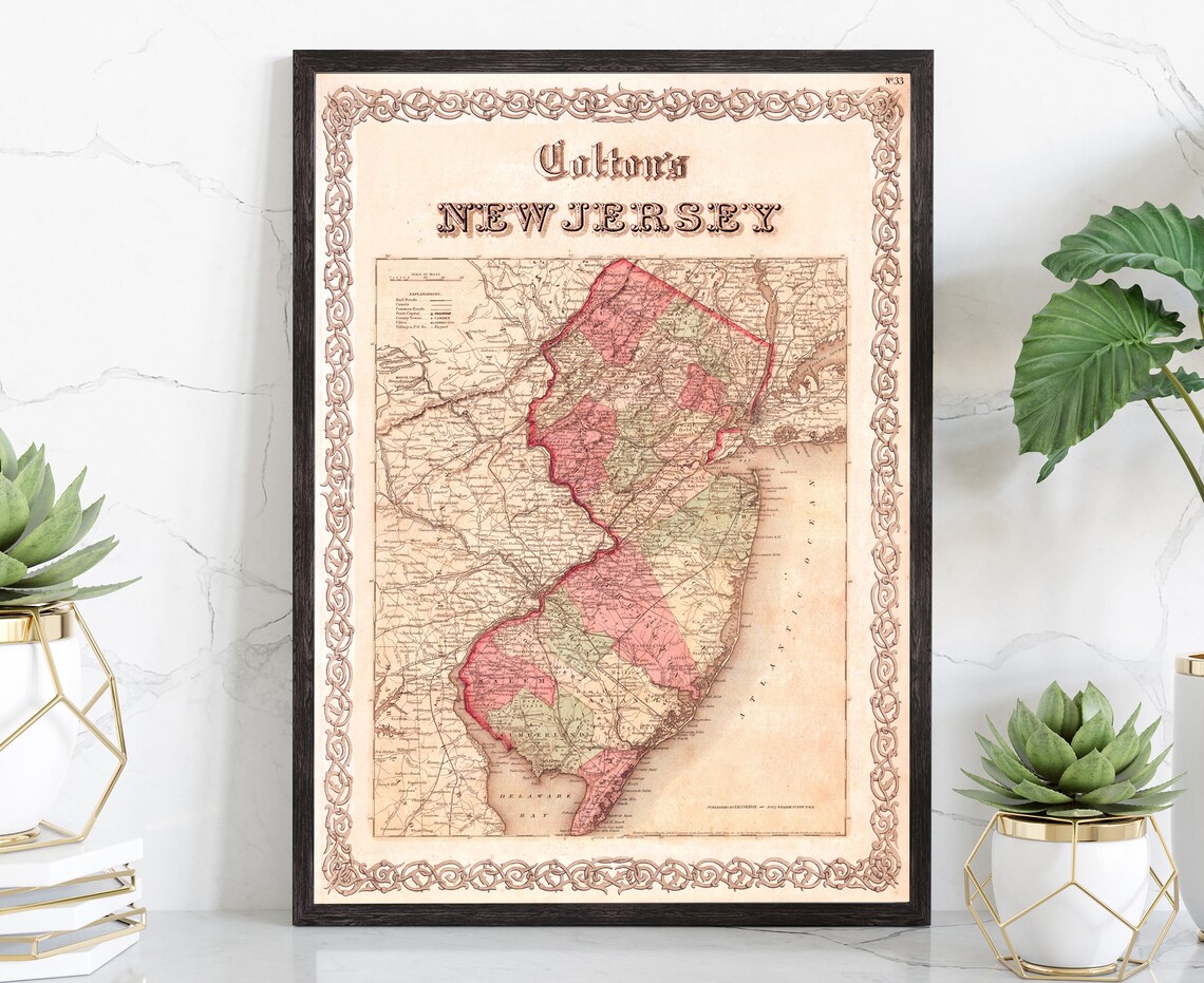 New Jersey Vintage Antique Colton Map Sepia Rustic Travel Poster