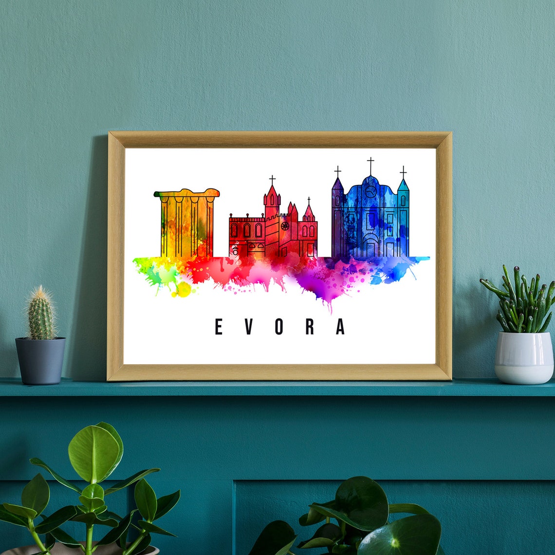 Evora Portugal Rainbow Watercolor Skyline Roman Temple Poster - Image 2