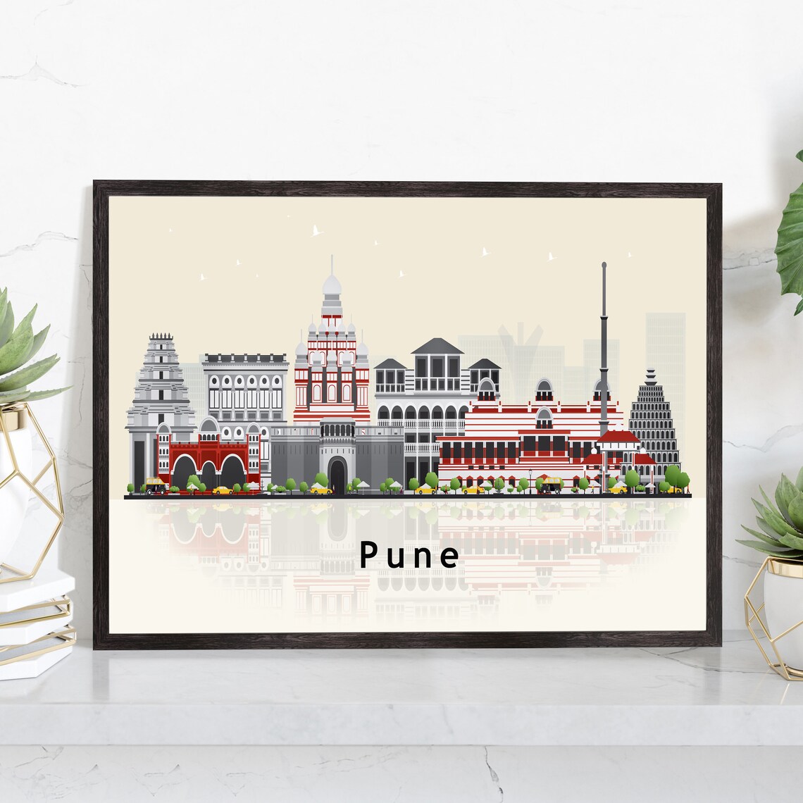 Pune India Historic Architecture Skyline Reflection Travel Poster