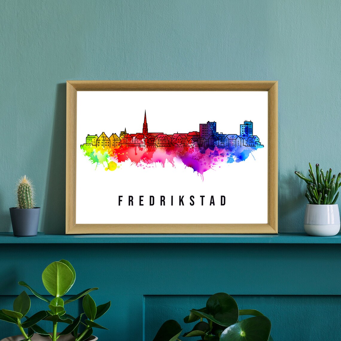 Fredrikstad Norway Old Town Church Spire Skyline Watercolor Poster - Image 2