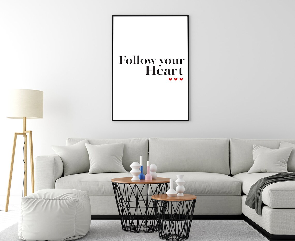 Follow Your Heart Minimalist Quote Poster Three Red Hearts Wall Art - Image 4