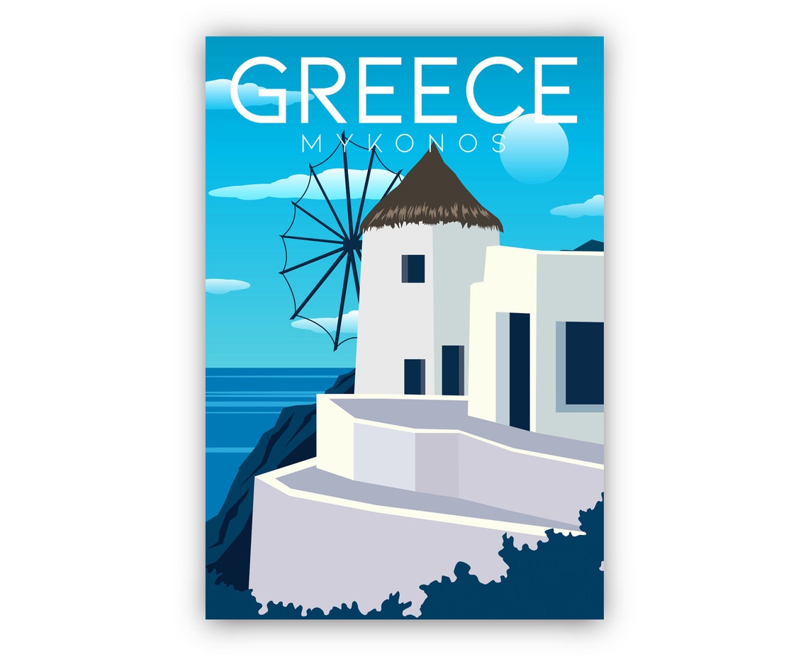 Greece Mykonos Whitewashed Windmill Bright Blue Sky Travel Poster - Image 2