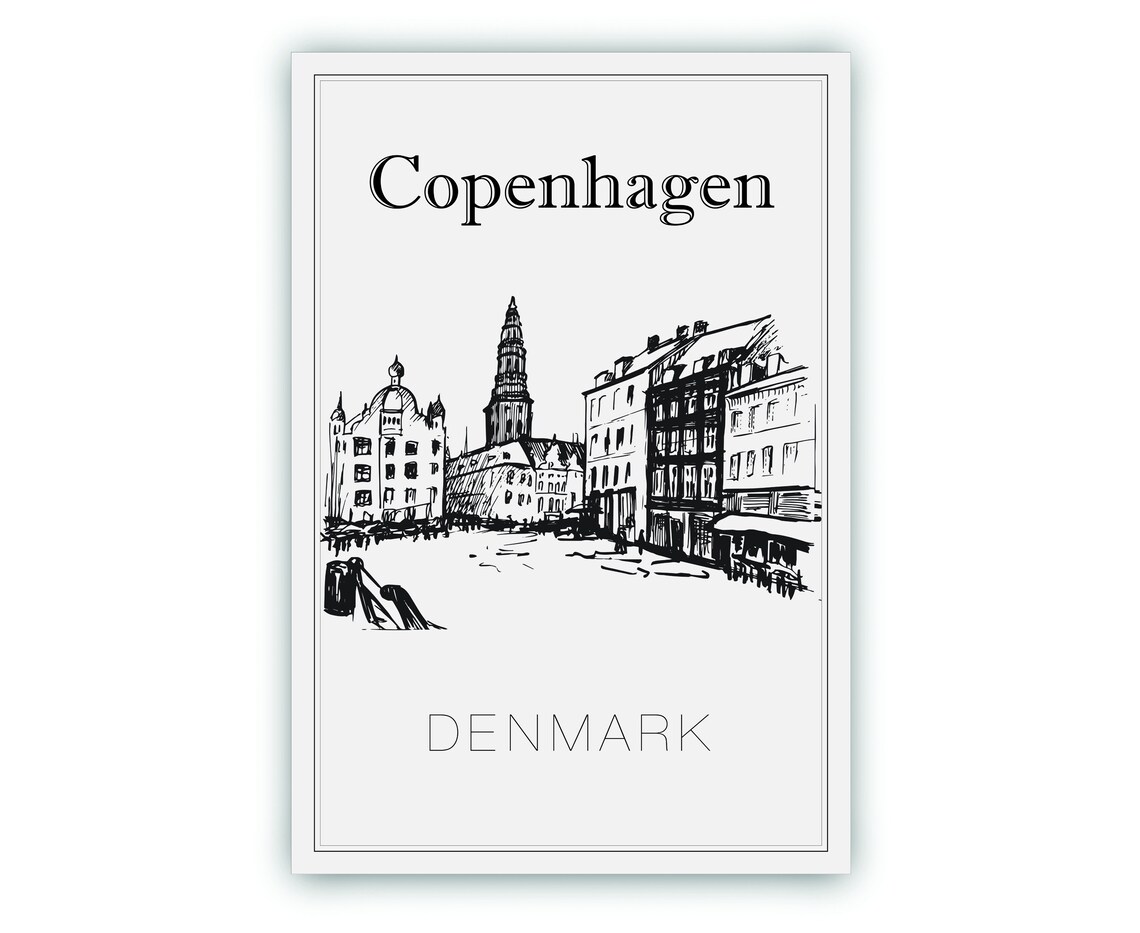 Copenhagen Denmark Hand Drawn Old Town Square Sketch Wall Art Poster - Image 2