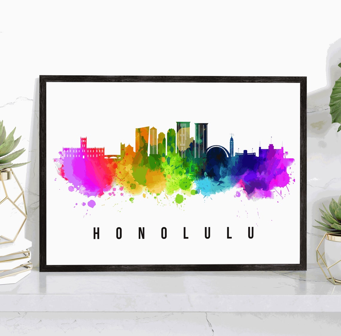Honolulu Hawaii Rainbow Watercolor Skyline Cityscape Art Poster