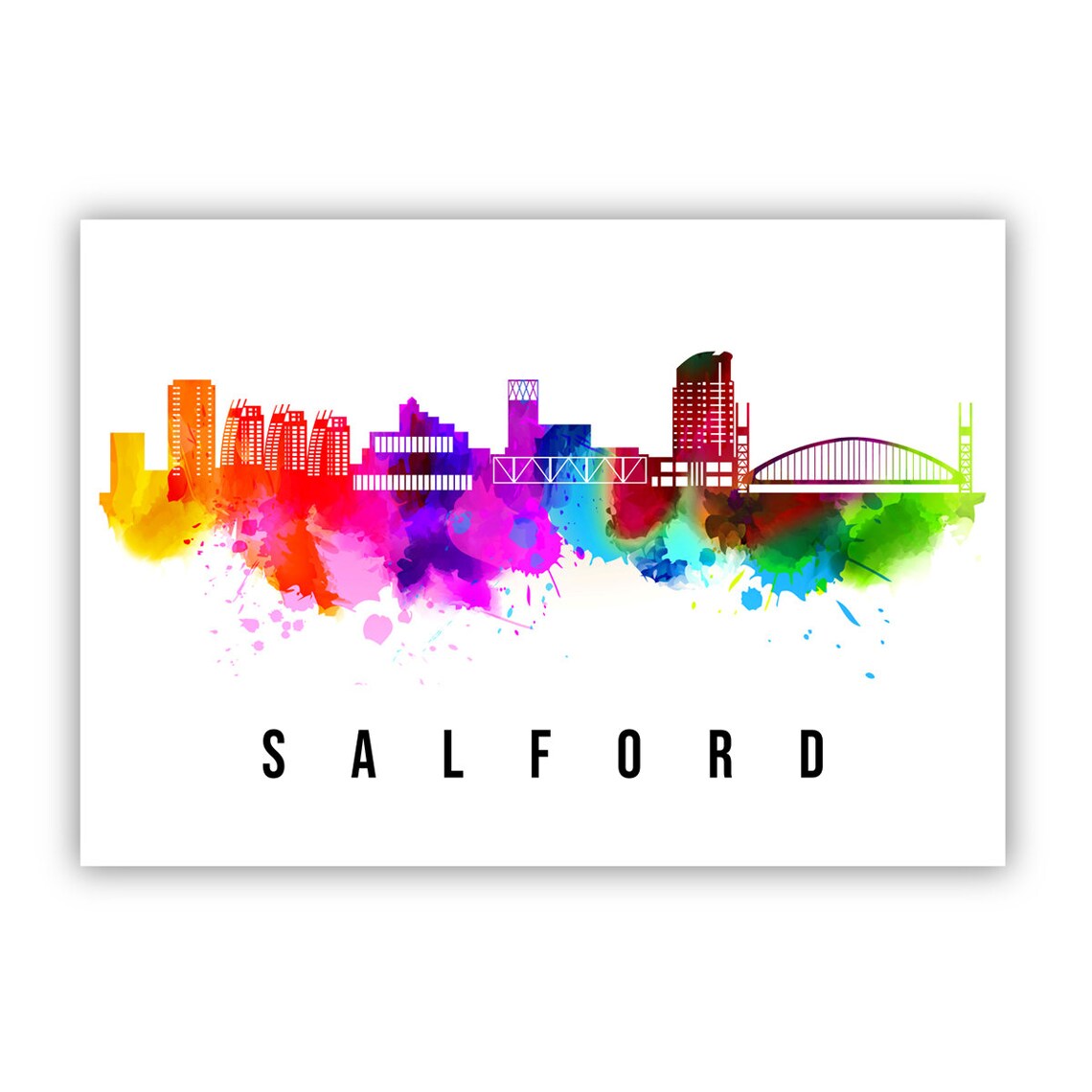 Salford England Rainbow Watercolor Skyline Cityscape Wall Art - Image 2