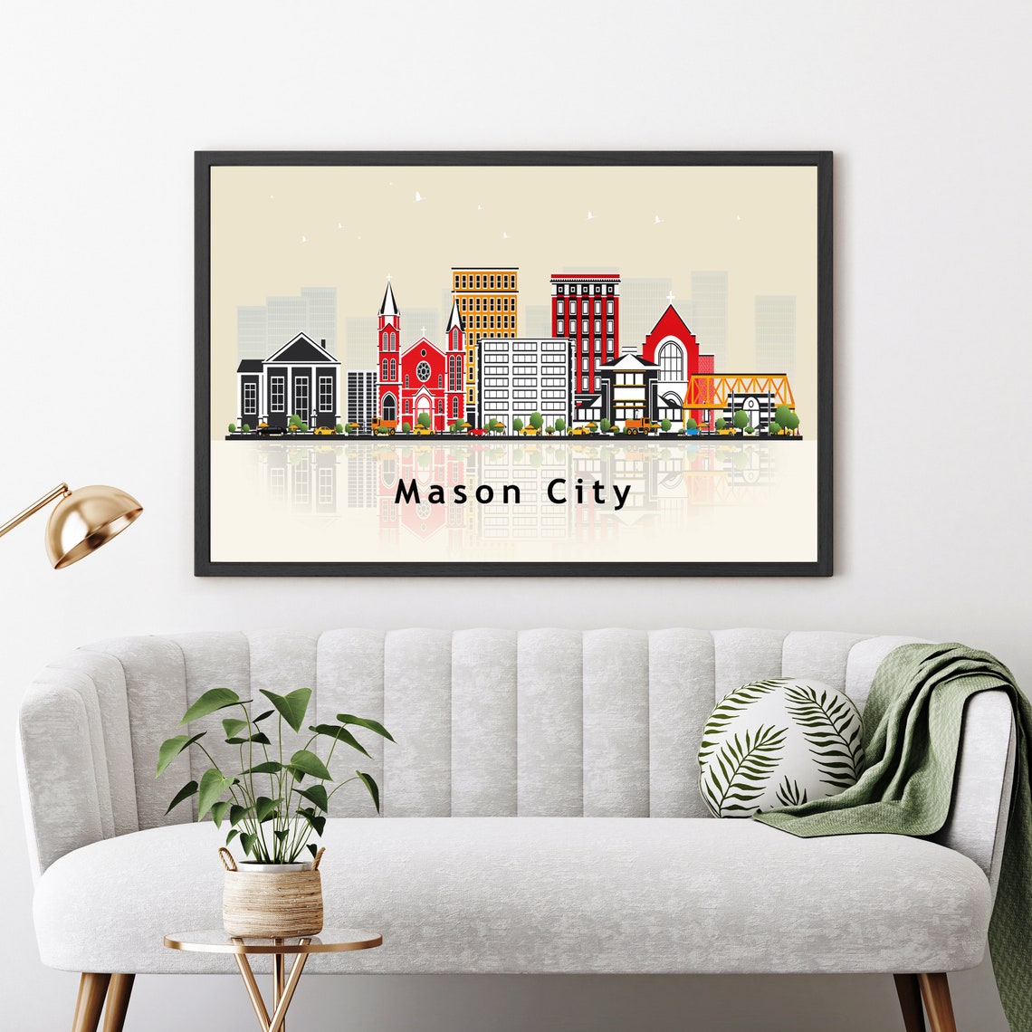 Mason City Iowa Small Town Skyline Illustration With Reflection Poster - Image 3