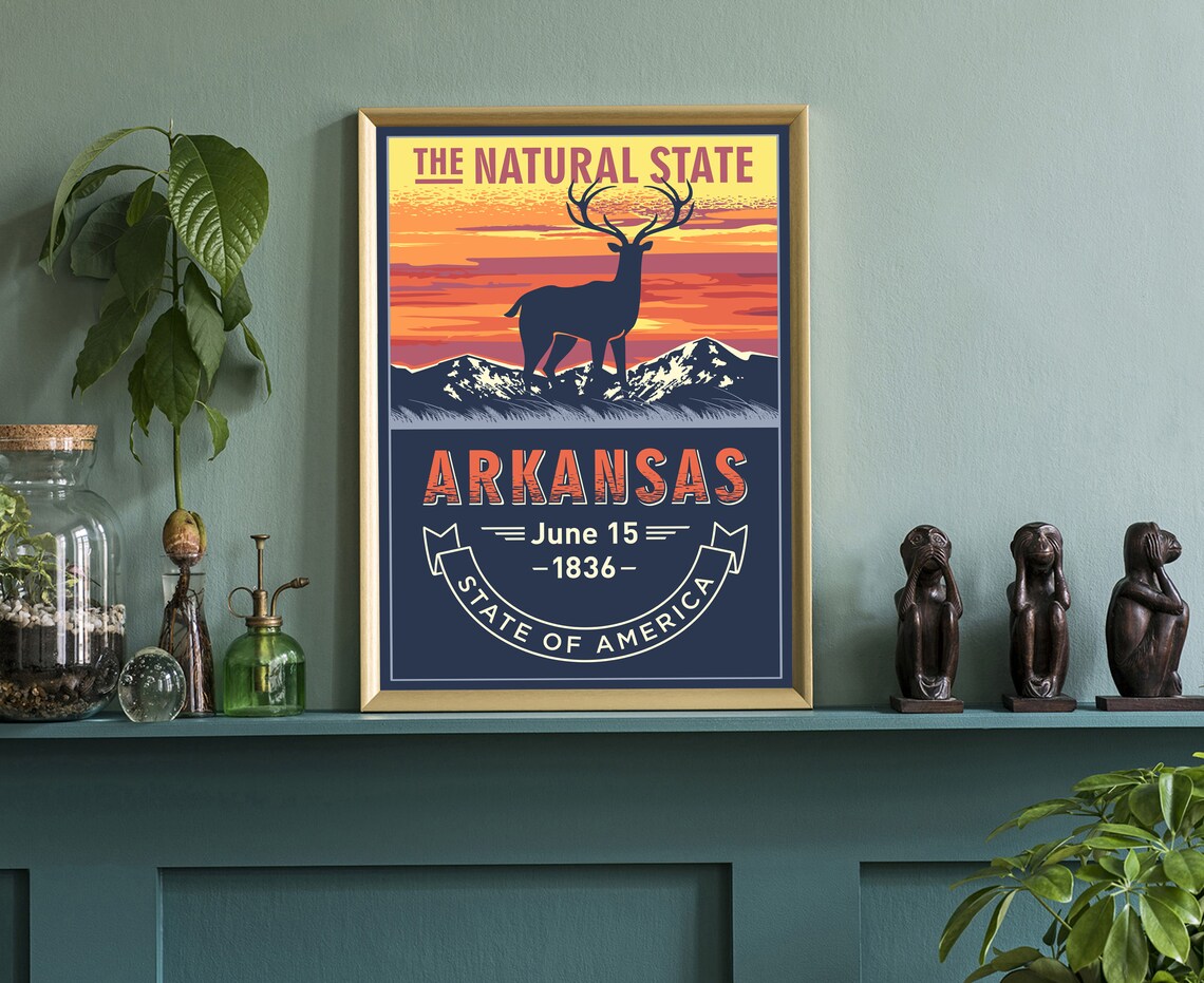 Arkansas Natural State Elk Sunset Wildlife Retro Vintage Travel Poster - Image 3