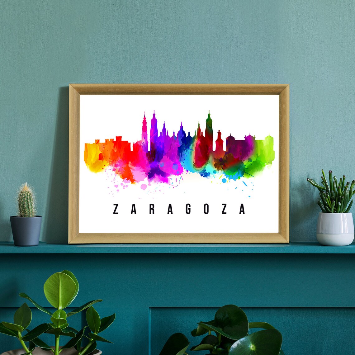 Zaragoza Spain Rainbow Watercolor Skyline Silhouette Art Poster - Image 2