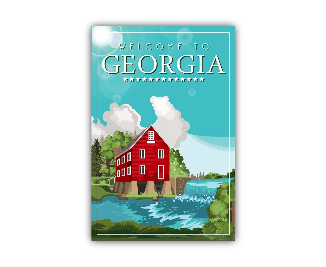 Welcome to Georgia Retro Red Barn Watermill Waterfall Travel Poster - Image 2