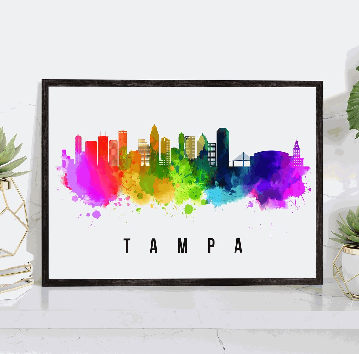 Tampa Florida Rainbow Watercolor Skyline Cityscape Art Poster