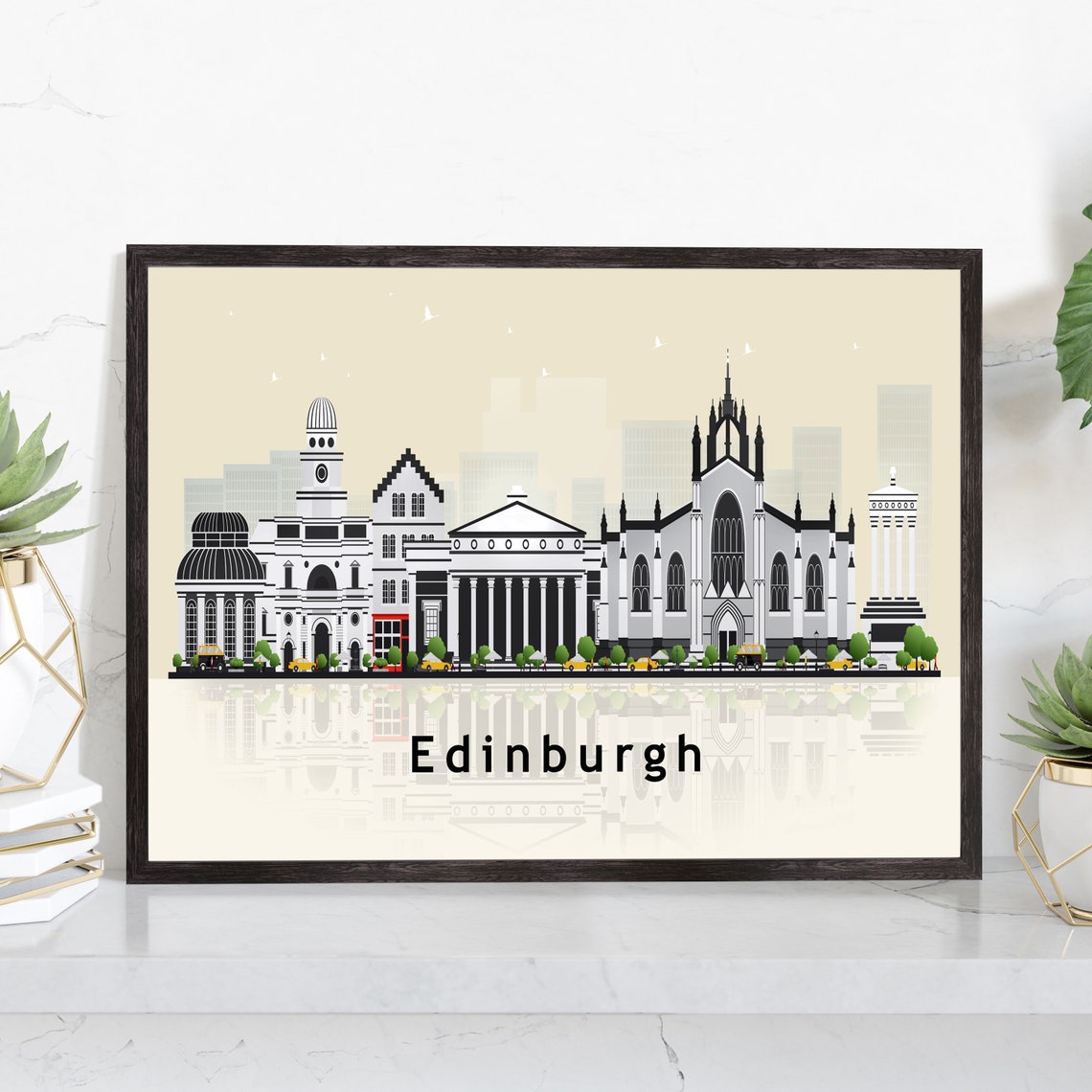 Edinburgh Scotland Cream Skyline Illustration Landmarks Poster