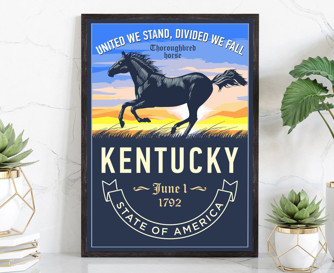 Kentucky Thoroughbred Horse Sunset Gallop State Emblem Travel Poster