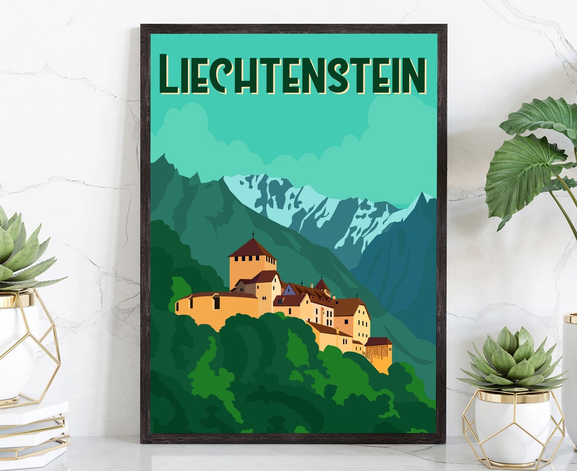 Liechtenstein Vaduz Castle Snowy Alpine Mountains Retro Travel Poster