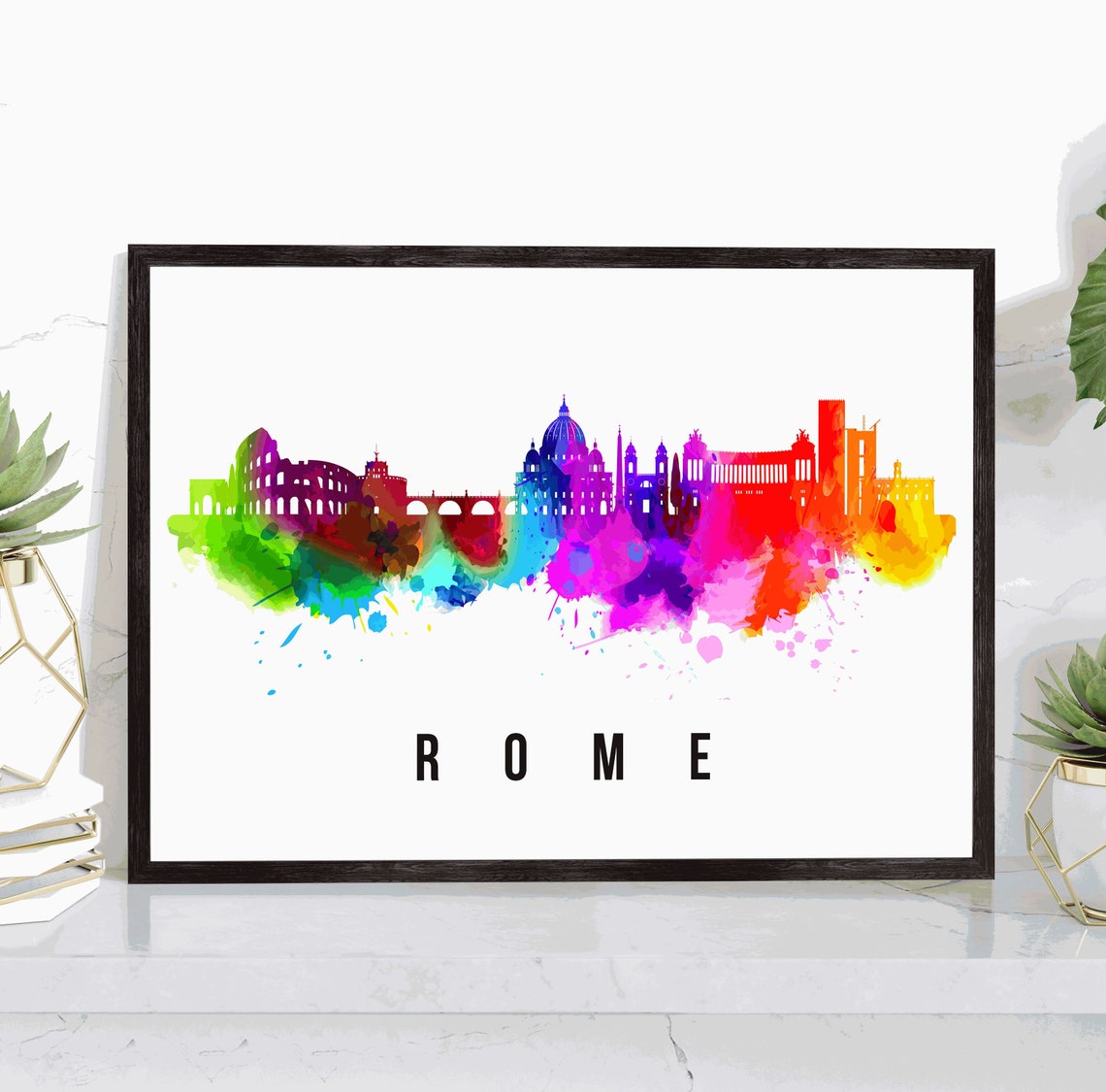 Rome Italy Rainbow Watercolor Colosseum Skyline Silhouette Art Poster