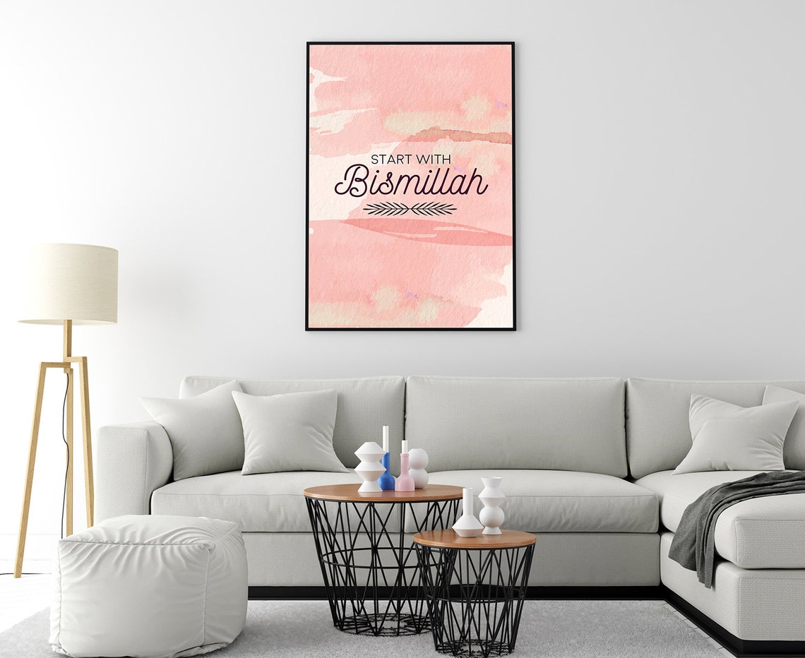 Start With Bismillah Pink Watercolor Islamic Calligraphy Poster - Image 4