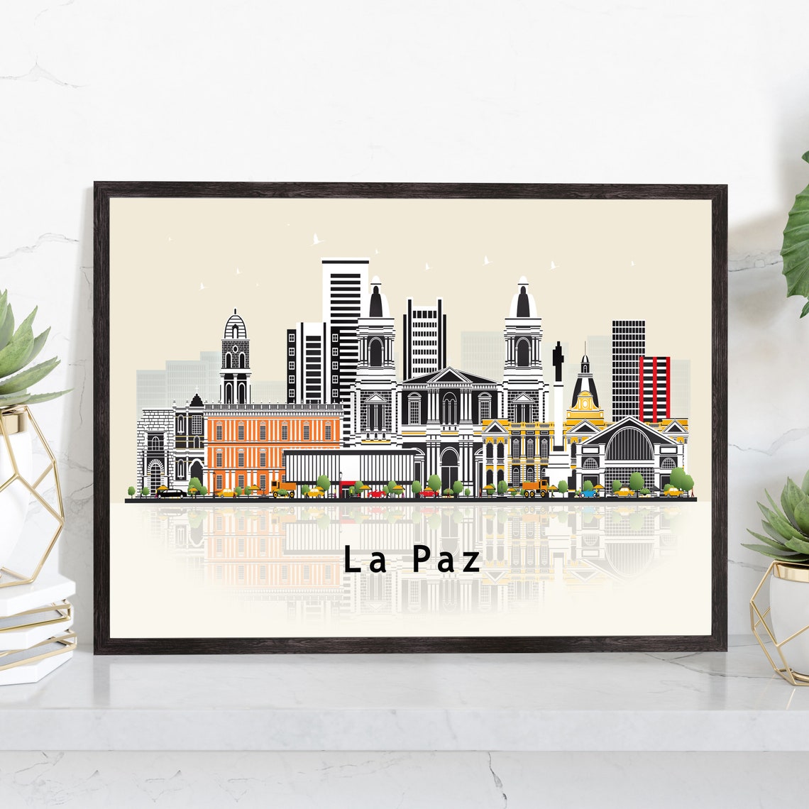 La Paz Bolivia City Skyline Reflection Illustration Travel Poster