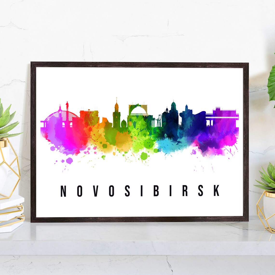 Novosibirsk Russia Rainbow Watercolor Skyline Opera House Poster