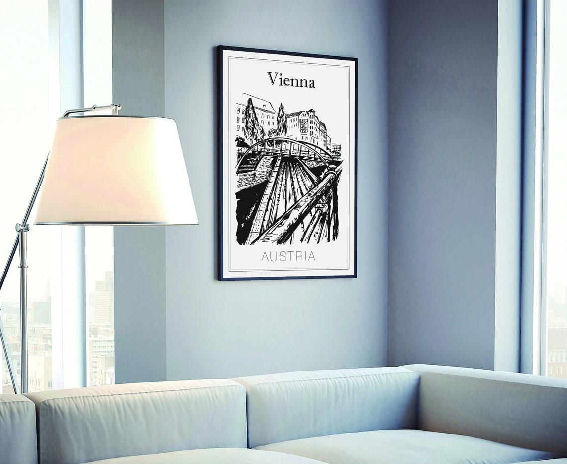 Vienna Austria Arched Canal Bridge Hand Drawn Line Art Travel Poster - Image 4