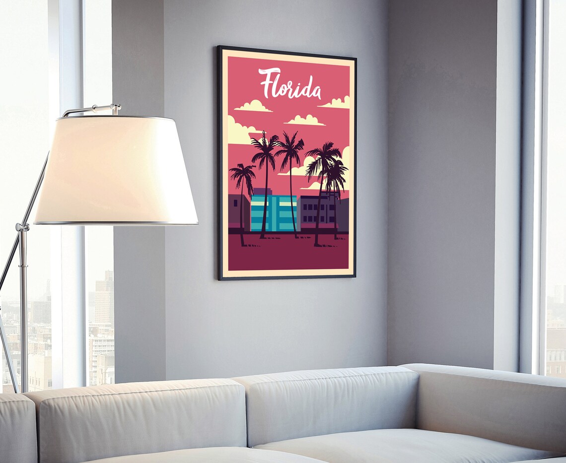 Florida Retro Pink Sky Palm Trees Beachfront Vintage Travel Poster - Image 4