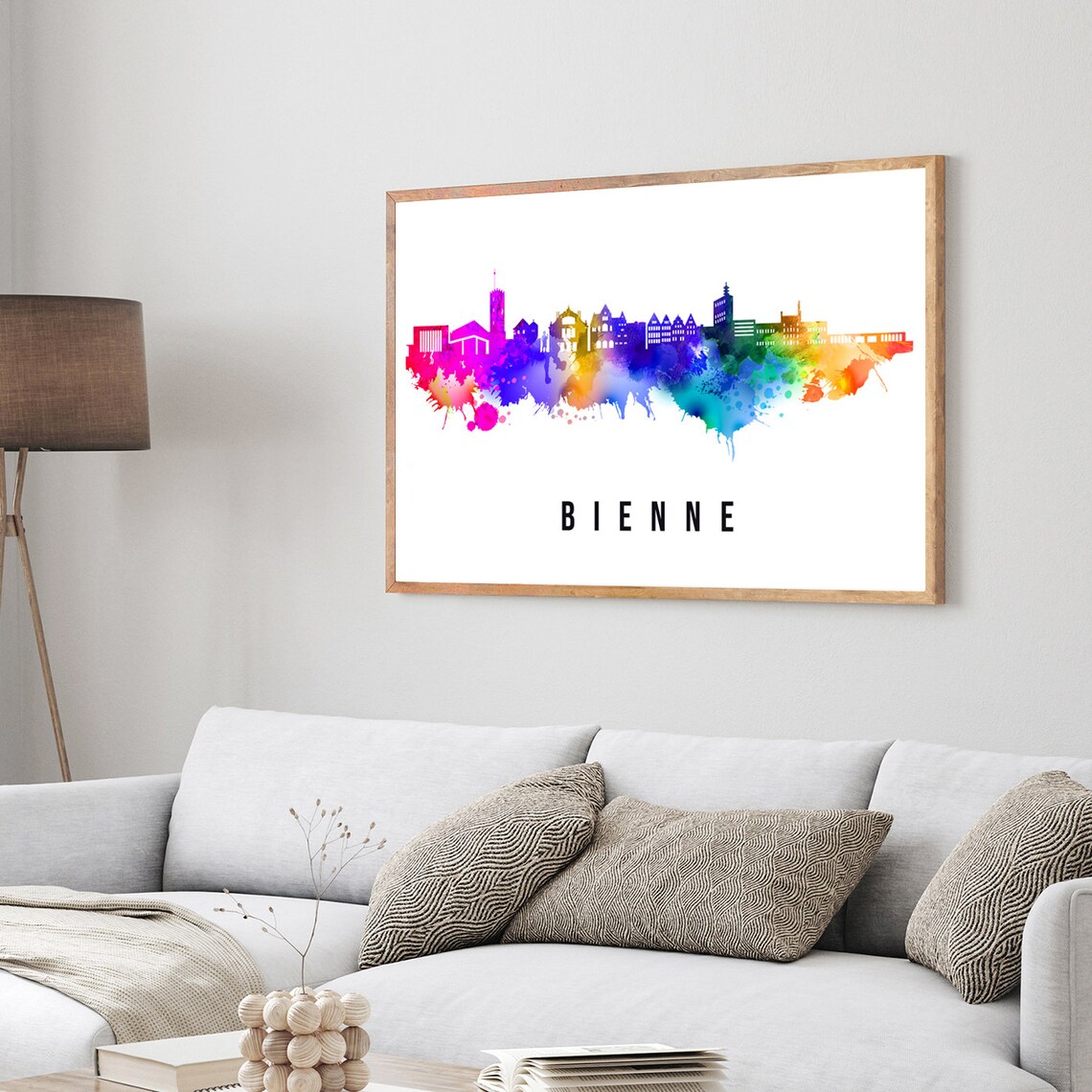 Bienne Switzerland Rainbow Watercolor Skyline Cityscape Poster - Image 3