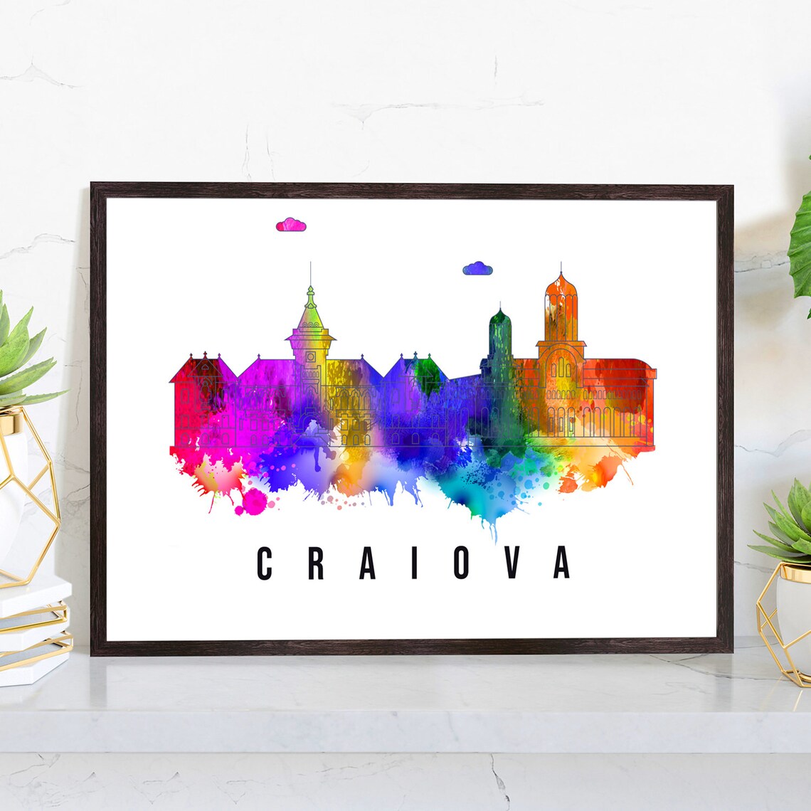 Craiova Romania Rainbow Watercolor Skyline Old Buildings Poster