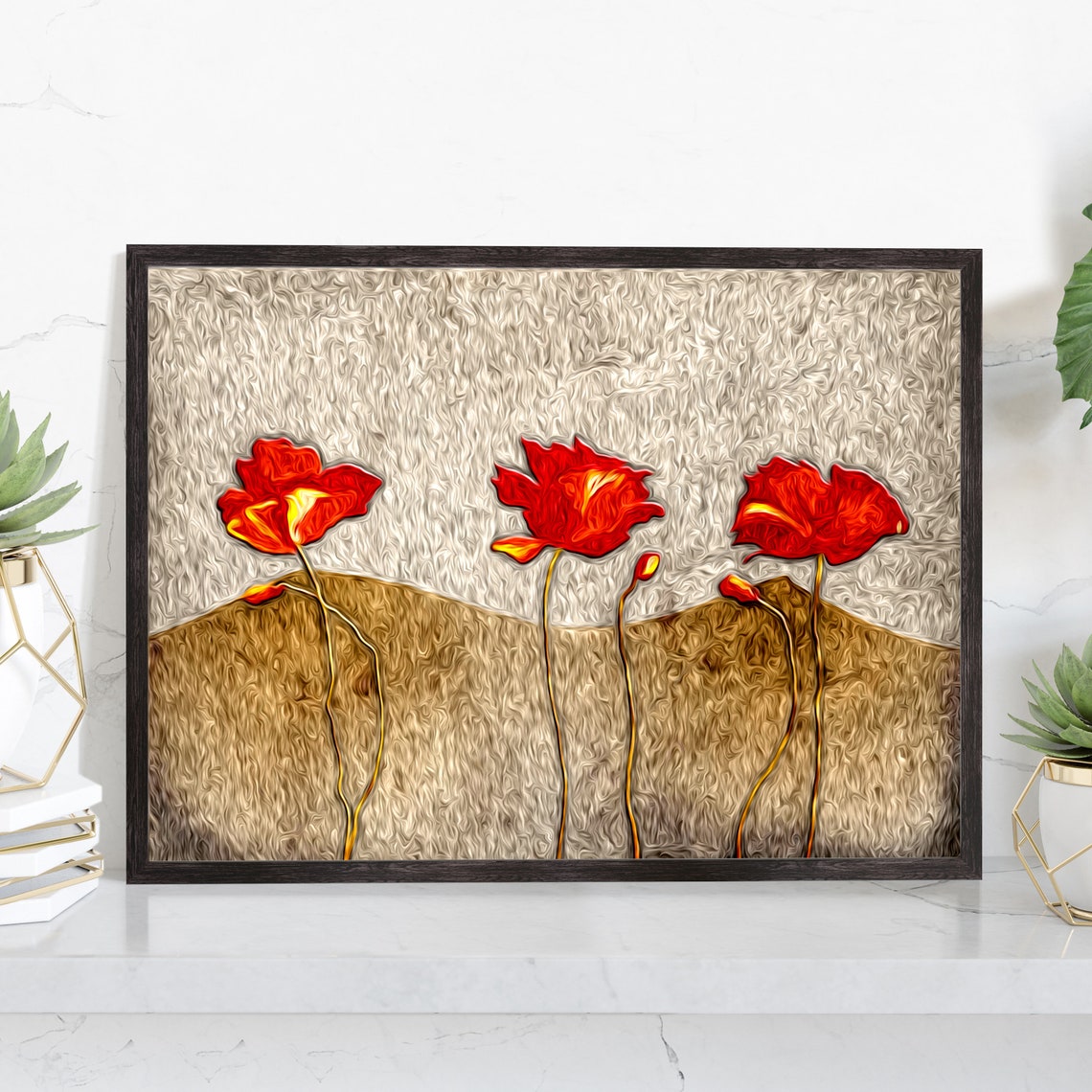 Three Red Poppies Textured Gold Background Floral Art Poster