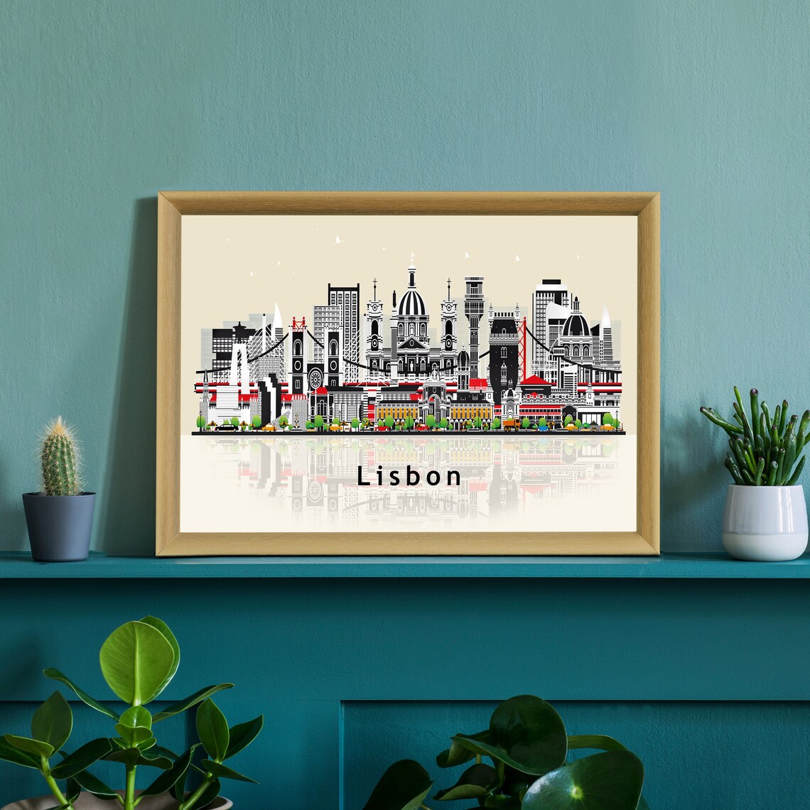Lisbon Portugal 25 De Abril Bridge Skyline Illustration Travel Poster - Image 2