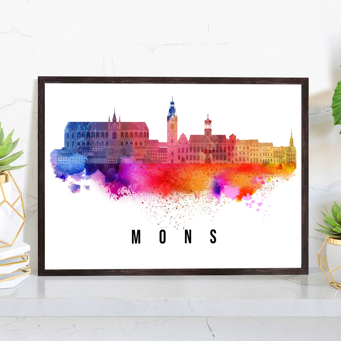 Mons Belgium Colorful Watercolor Skyline Cityscape Art Poster