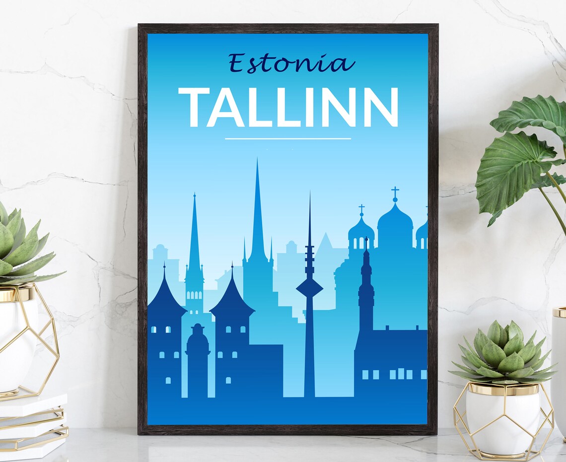 Tallinn Estonia Blue Old Town Skyline Silhouette Travel Poster