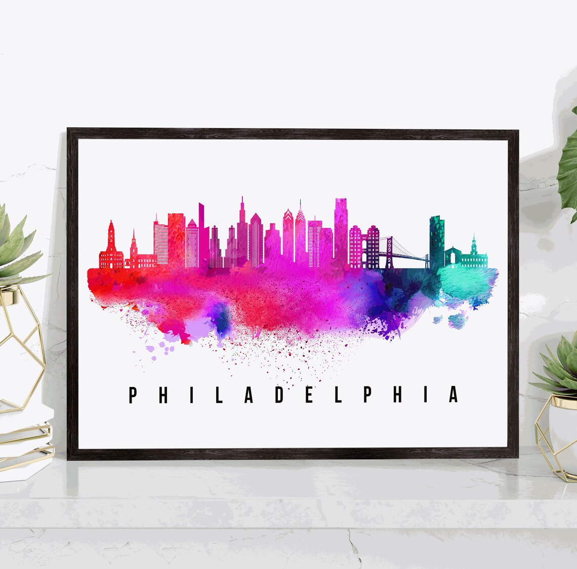 Philadelphia Pennsylvania Pink Purple Watercolor Skyline Art Poster