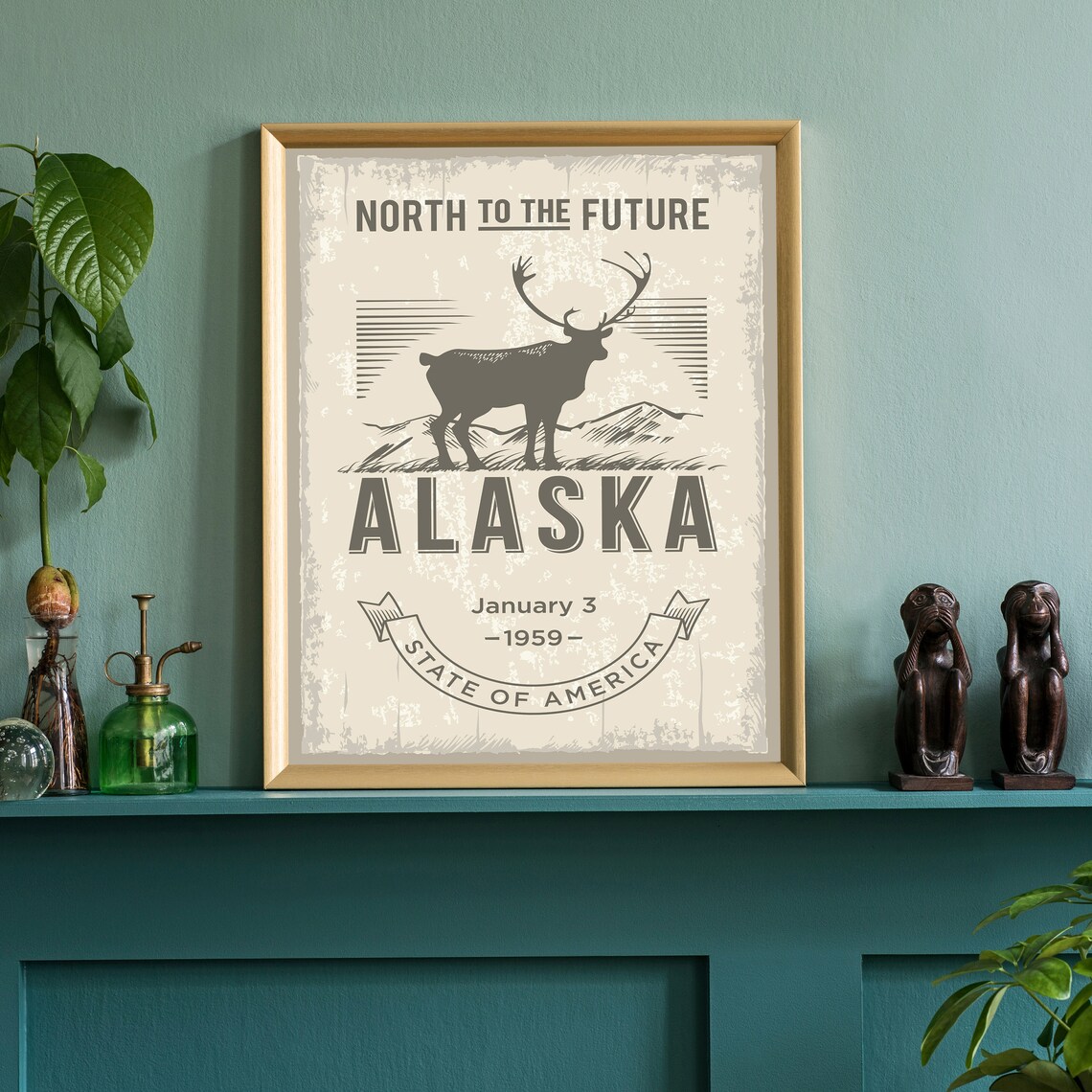 Alaska North To The Future Caribou Vintage State Emblem Art Poster - Image 3