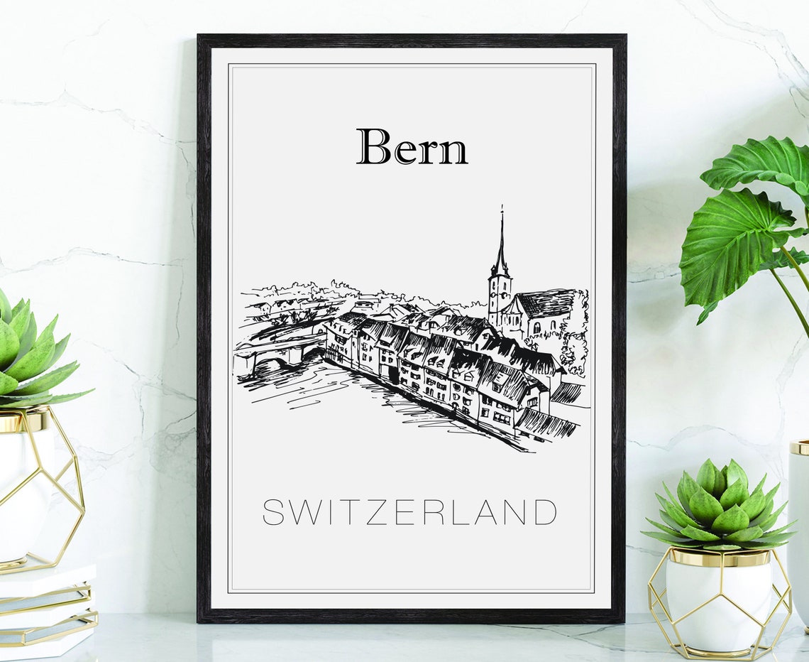 Bern Switzerland Old Town River Bridge Church Spire Sketch Poster