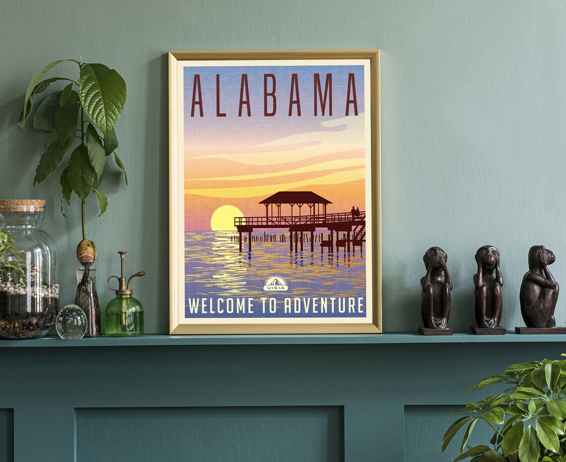 Alabama Gulf Coast Pier Sunset Retro Vintage Travel Wall Art Poster - Image 3