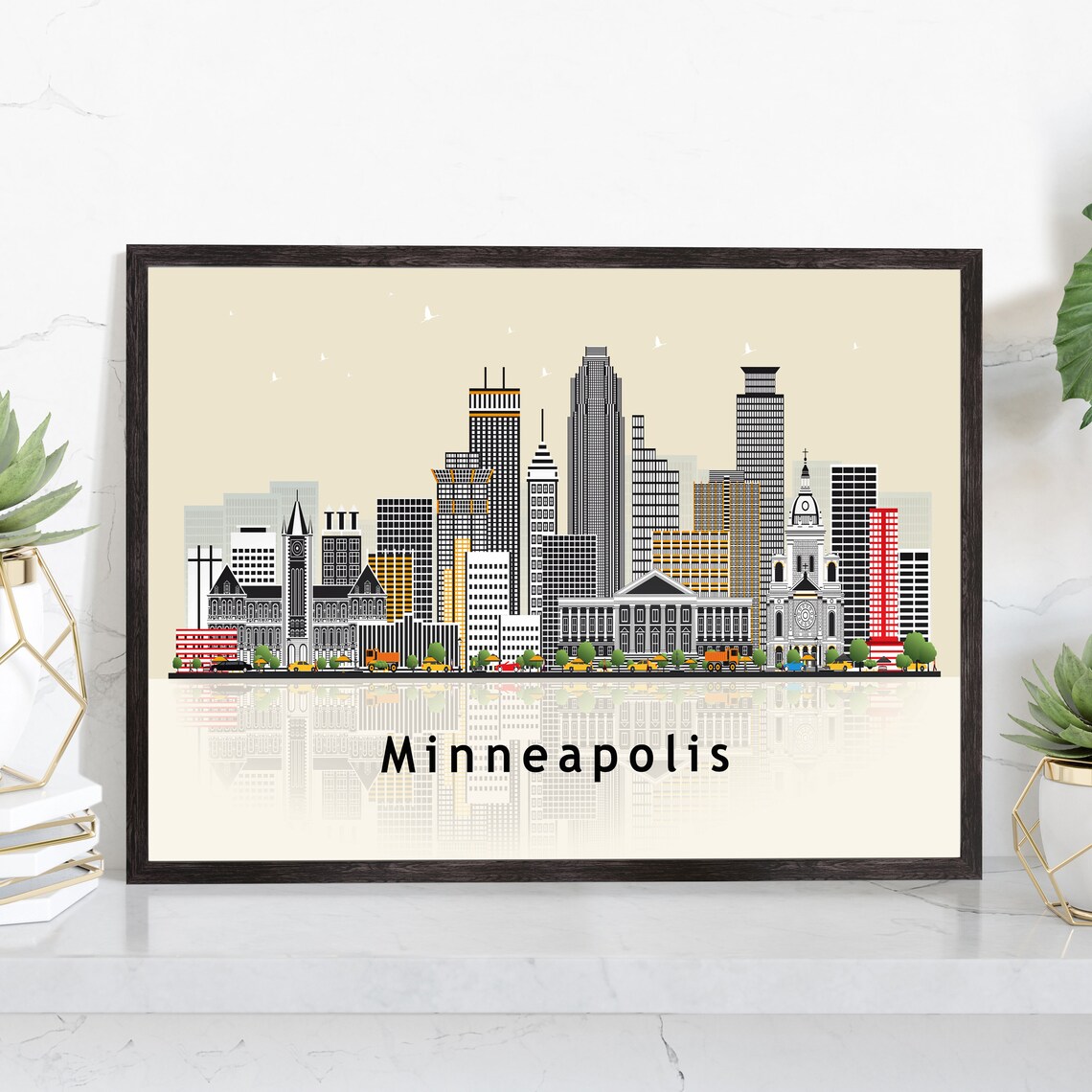 Minneapolis Minnesota City Skyline Flat Vector Travel Poster