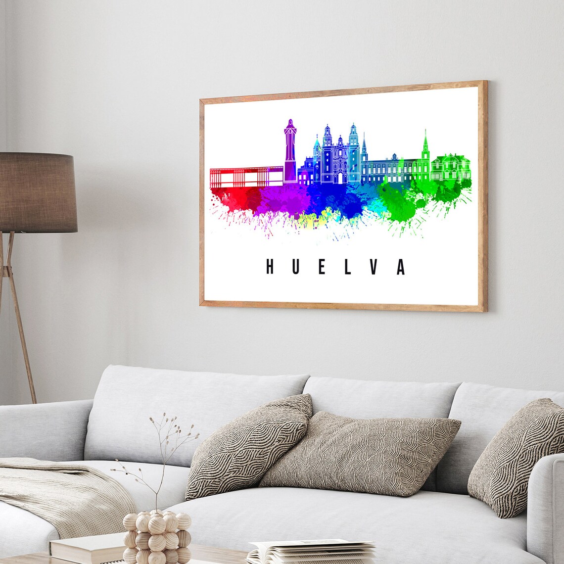 Huelva Spain Rainbow Watercolor Skyline Detailed Landmarks Art Poster - Image 3