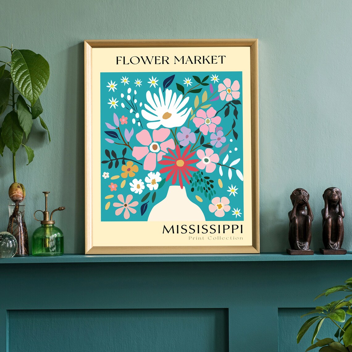 Mississippi Flower Market Teal Vase Bouquet Colorful Botanical Poster - Image 2