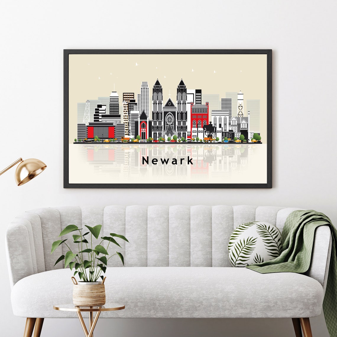 Newark New Jersey Retro Vector Skyline Water Reflection Poster - Image 3