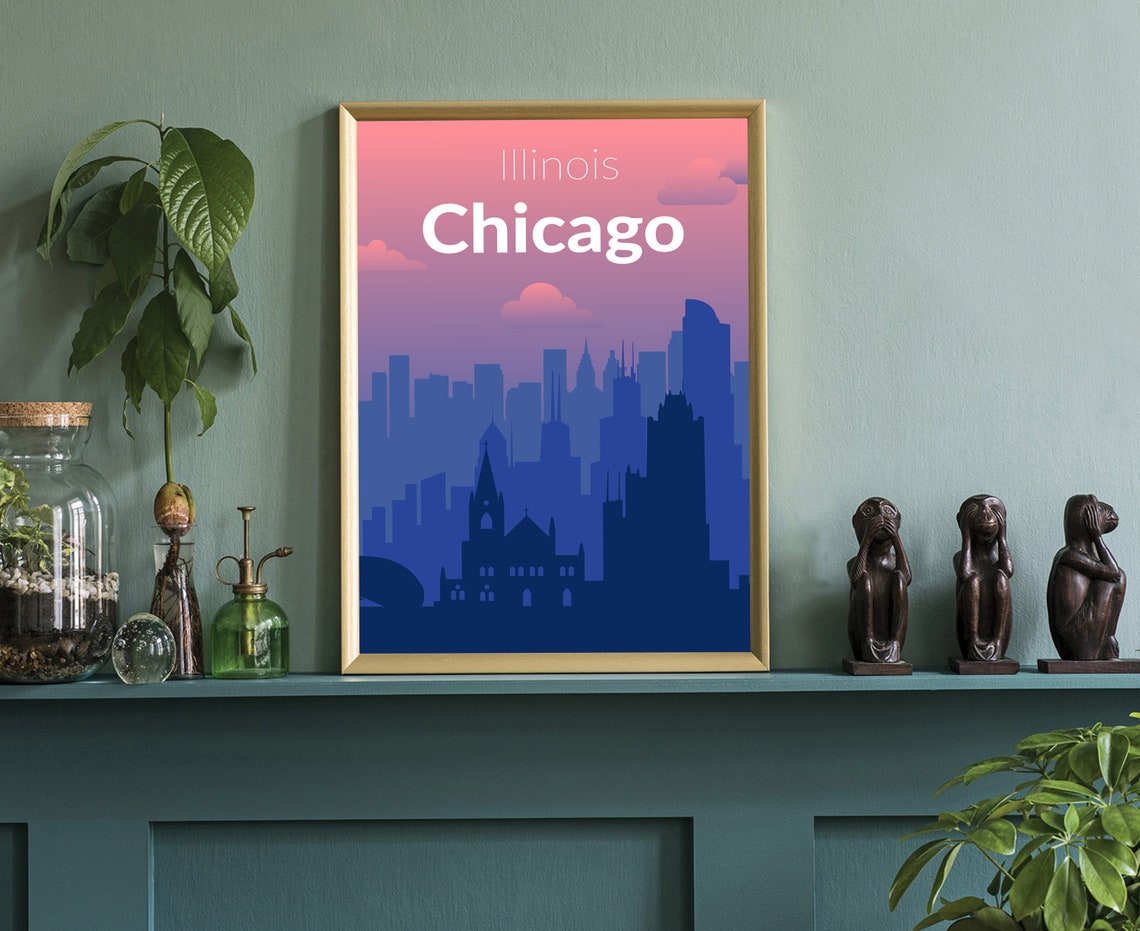 Chicago Illinois Sunset Skyline Silhouette Solid Color City Poster - Image 3