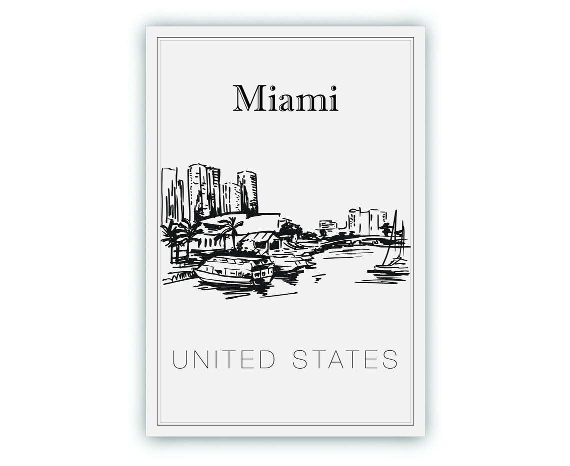 Miami Florida Waterfront Boats Skyline Hand Drawn Line Art Poster - Image 2