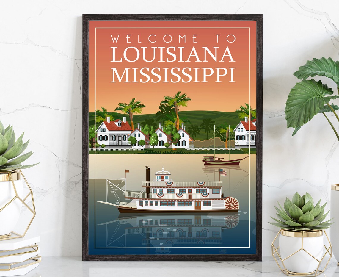 Louisiana Mississippi Vintage Riverboat Steamboat Travel Poster