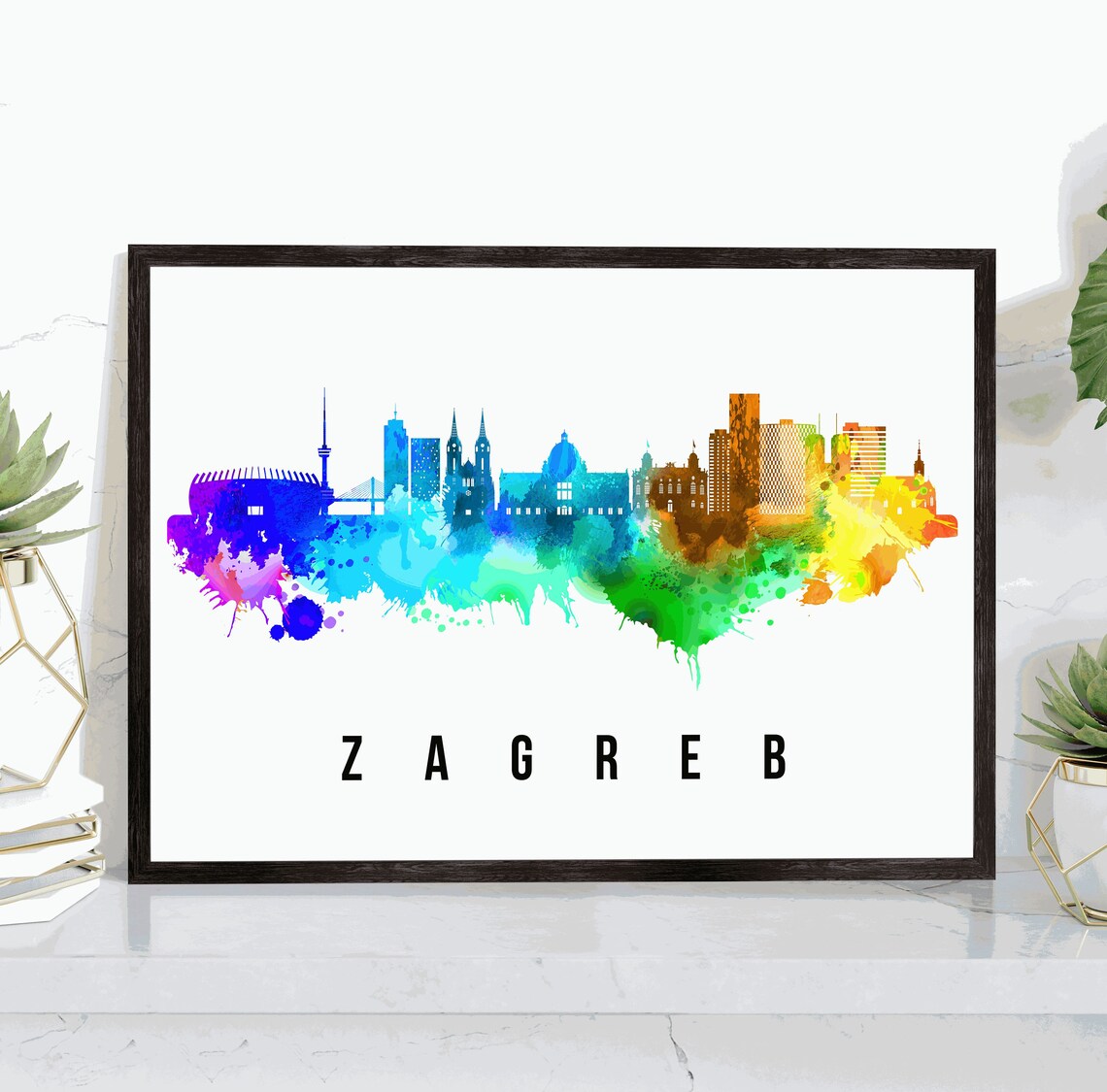 Zagreb Croatia Rainbow Watercolor Skyline Silhouette Art Poster