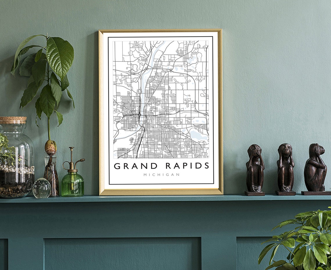 Grand Rapids Michigan Downtown Black Line Street Map Wall Art - Image 3