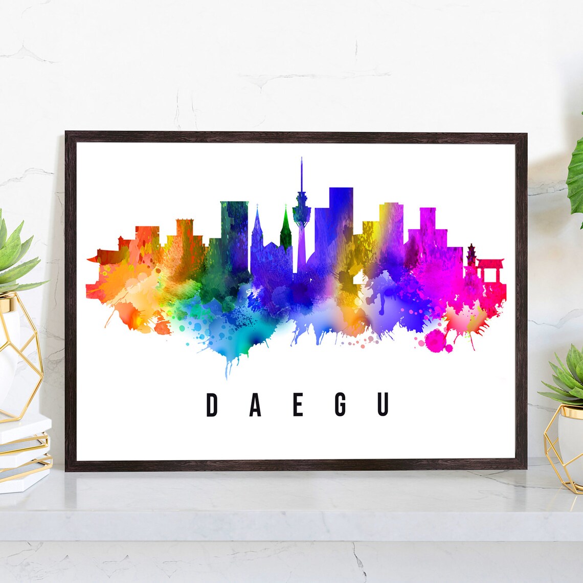 Daegu South Korea Watercolor Rainbow Skyline TV Tower Cityscape Poster
