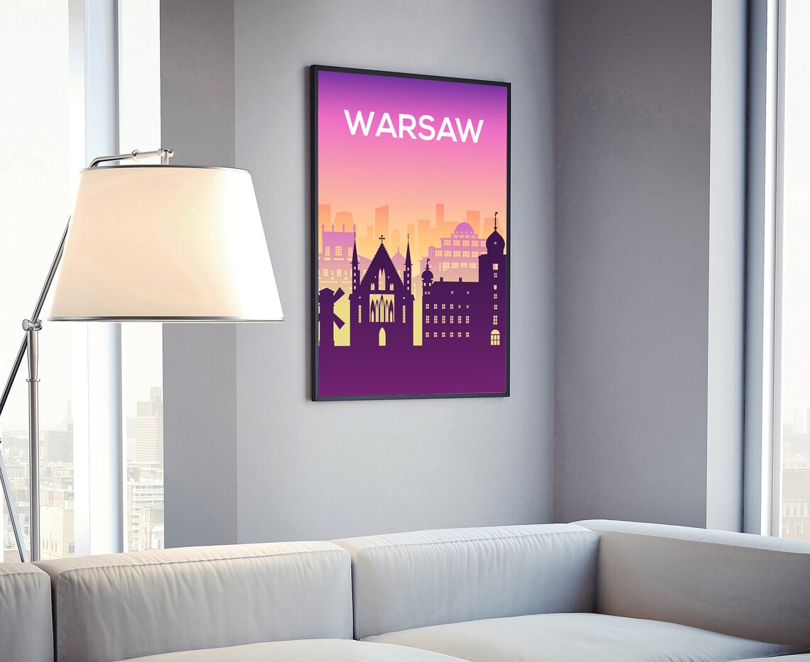 Warsaw Poland Purple Silhouette Sunset Skyline Modern Travel Poster - Image 4